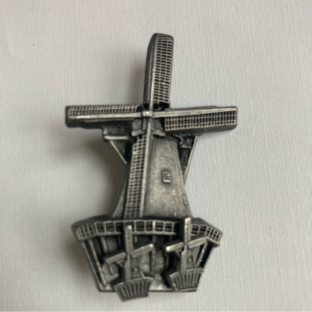 Vintage Silvertone Windmill Brooch Pin Matching Pierced Earrings Holland Dutch